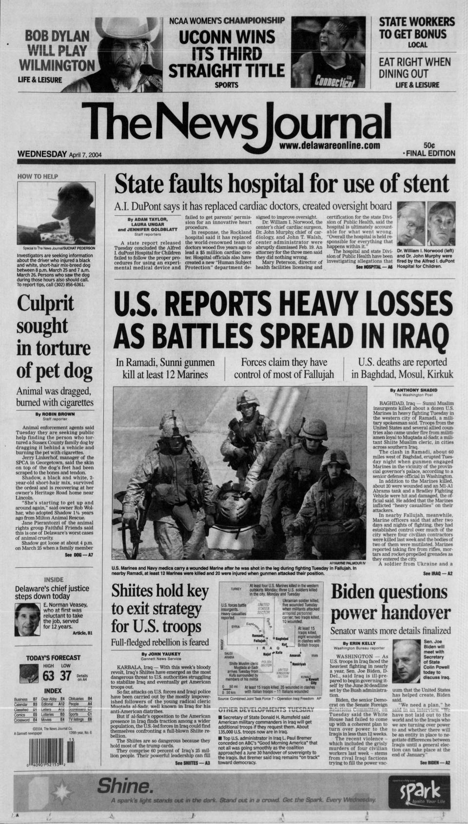 Front page of The News Journal from April 7, 2004.