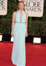 Celebrities in pastel fashion: Jessica Chastain wore this mint green Calvin Klein dress to the Golden Globes.<br><br>© Getty