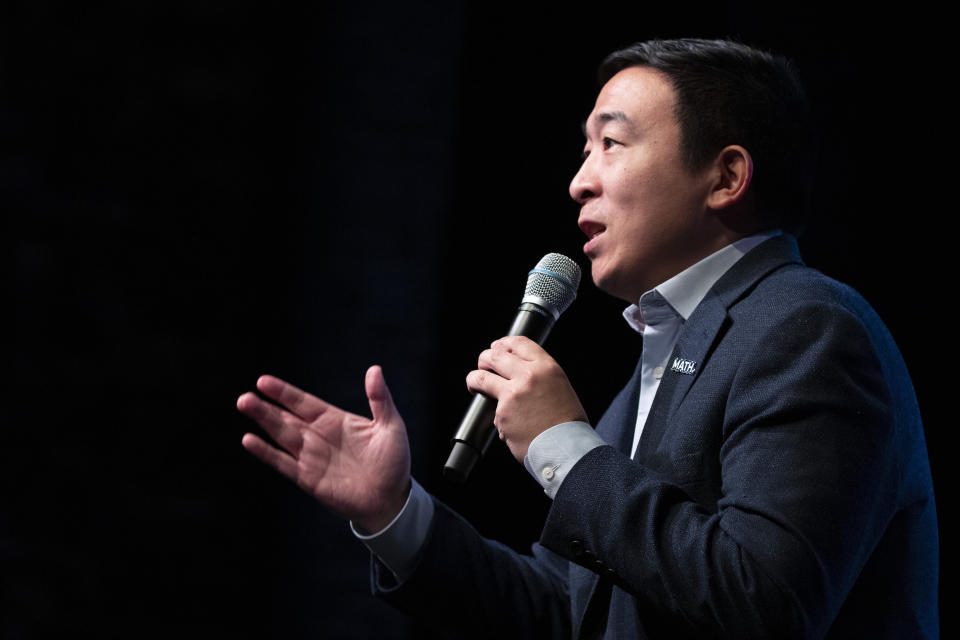 FILE - In this Feb. 5, 2020, file photo, Democratic presidential candidate and entrepreneur Andrew Yang speaks during the New Hampshire Youth Climate and Clean Energy Town Hall, in Concord, N.H. Yang recently drew backlash from fellow Asian Americans for urging them to display more “American-ness.” (AP Photo/Mary Altaffer, File)