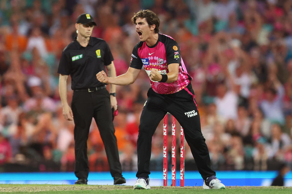 Sean Abbott, pictured here celebrating after dismissing Nick Hobson in the BBL.