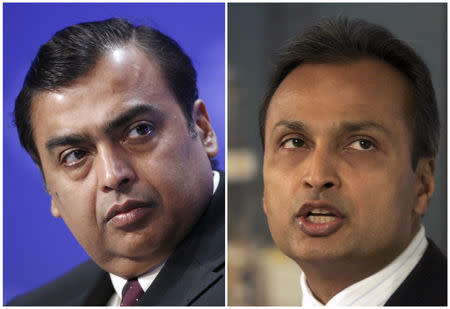 FILE PHOTO: Mukesh Ambani (L), chief of India's Reliance Industries, and Anil Ambani, chairman of Reliance Communications, are pictured in this combination image of file photos. REUTERS/Denis Balibouse/Adeel Halim