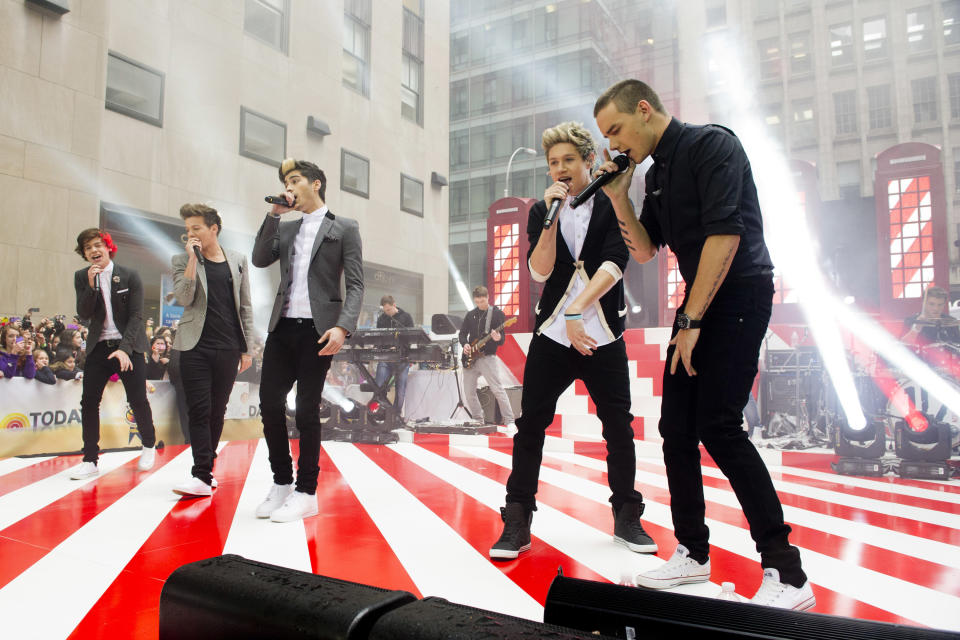 One Direction members, from left, Harry Styles, Louis Tomlinson, Zayn Malik, Niall Horan and Liam Payne perform on NBC's 