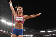 <p>USA's Valarie Allman reacts while competing in the women's discus throw final during the Tokyo 2020 Olympic Games at the Olympic Stadium in Tokyo on August 2, 2021. (Photo by Ben STANSALL / AFP) (Photo by BEN STANSALL/AFP via Getty Images)</p> 