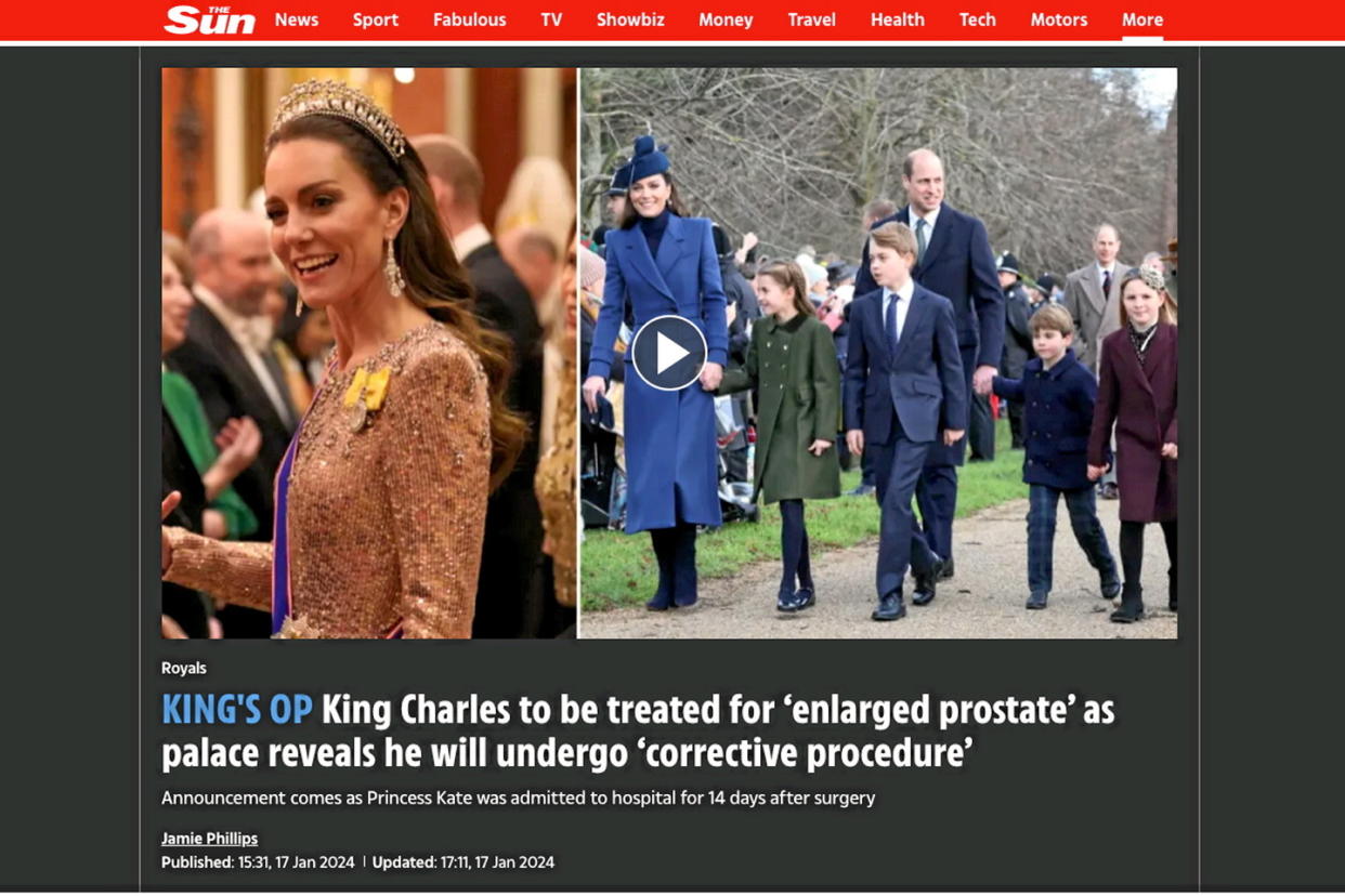 Capture d'écran du site du quotidien The Sun qui annonce les interventions chirurgicales de Kate et du roi Charles III.  - Credit:The Sun