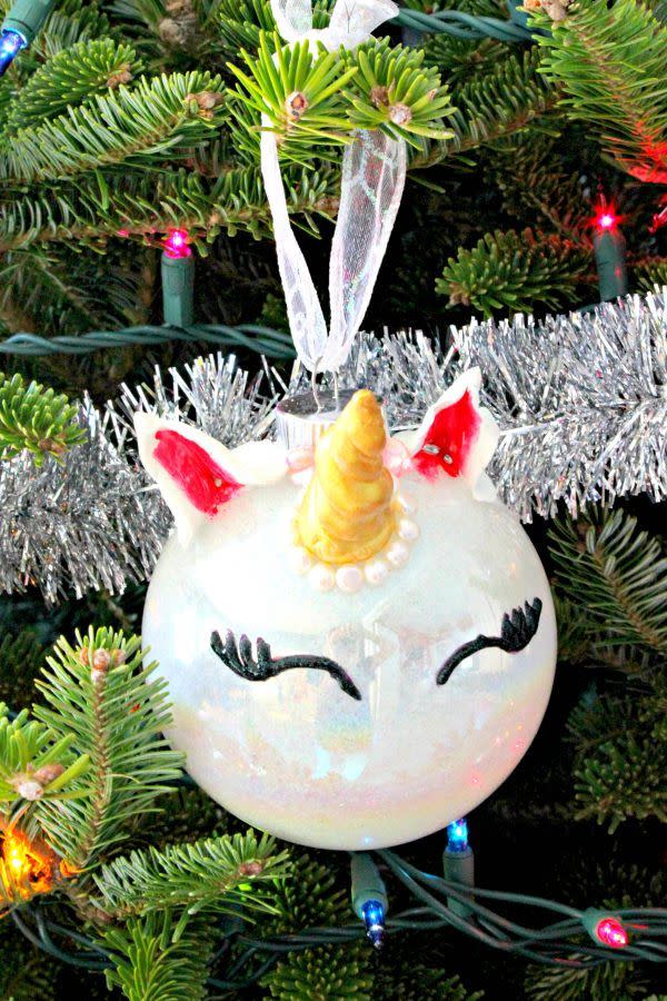 <p>Making the eyelashes extra bold will add a touch of sass.</p><p><strong>Get the tutorial at <a href="https://cmongetcrafty.com/diy-unicorn-ornament/" rel="nofollow noopener" target="_blank" data-ylk="slk:C'mon Get Crafty;elm:context_link;itc:0;sec:content-canvas" class="link ">C'mon Get Crafty</a>.</strong></p><p><strong><a class="link " href="https://www.amazon.com/Polyform-Sculpey-Original-Polymer-1-75-Pound/dp/B0016N6CMU?tag=syn-yahoo-20&ascsubtag=%5Bartid%7C10050.g.23489709%5Bsrc%7Cyahoo-us" rel="nofollow noopener" target="_blank" data-ylk="slk:SHOP CLAY;elm:context_link;itc:0;sec:content-canvas">SHOP CLAY</a><br></strong></p>