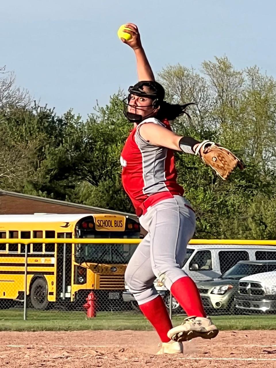 Elgin's Alyvia Roth delivers a pitch during a softball game at Cardington earlier this season. Roth is a two-time Fahey Bank Athlete of the Month selection for Marion County girls, winning the honor for April.