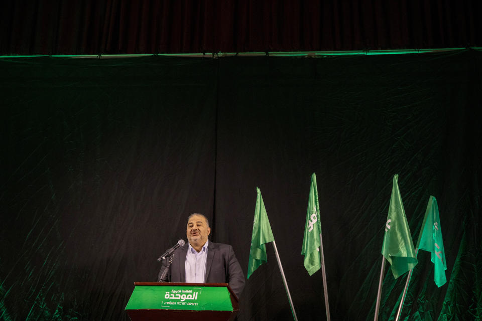 Mansour Abbas, leader of the United Arab List, also known by the Hebrew name Ra'am delivers a statement in Nazareth, Israel, Thursday, April 1, 2021. (AP Photo/Ariel Schalit)