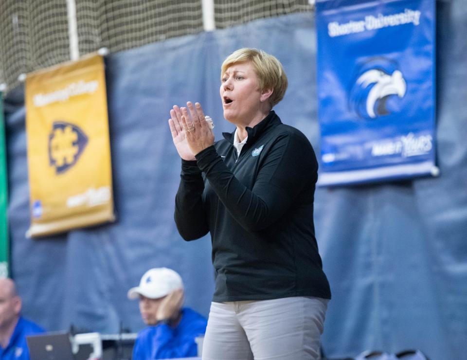 Argos head coach Stephanie Lawrence Yelton shouts to her players during the University of West Georgia vs University of West Florida women's basketball game at the University of West Florida in Pensacola on Wednesday, Jan. 25, 2023.