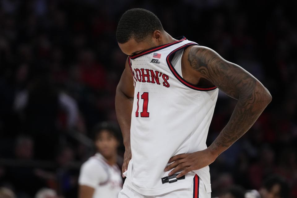 St. John's Joel Soriano (11) reacts during the second half of an NCAA college basketball game against Michigan, Monday, Nov. 13, 2023, in New York. (AP Photo/Frank Franklin II)