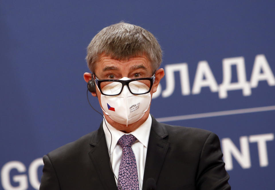 Czech Prime Minister Andrej Babis speaks during a press conference after talks with his Serbian counterpart Ana Brnabic at the Serbia Palace in Belgrade, Serbia, Wednesday, Feb. 10, 2021. Babis is on a one-day official visit to Serbia. (AP Photo/Darko Vojinovic)