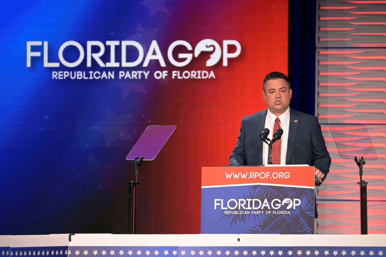 Florida Party of Florida Chairman Christian Ziegler addresses attendees at the Republican Party of Florida Freedom Summit, Saturday, Nov. 4, 2023, in Kissimmee, Fla. (AP Photo/Phelan M. Ebenhack)