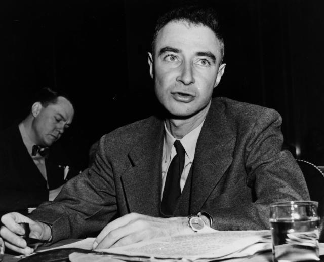 US nuclear physicist Julius Robert Oppenheimer (1904 - 1967), director of the Los Alamos atomic laboratory, testifying before the Special Senate Committee on Atomic Energy.   (Photo by Keystone/Getty Images)