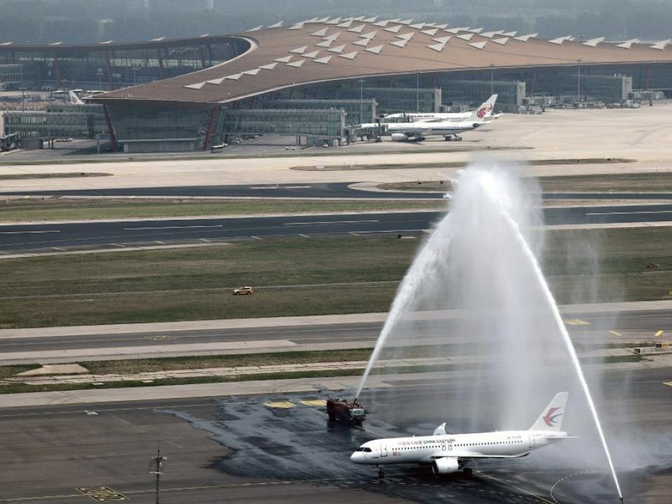 The China Eastern C919 getting a water salute for the inaugural.