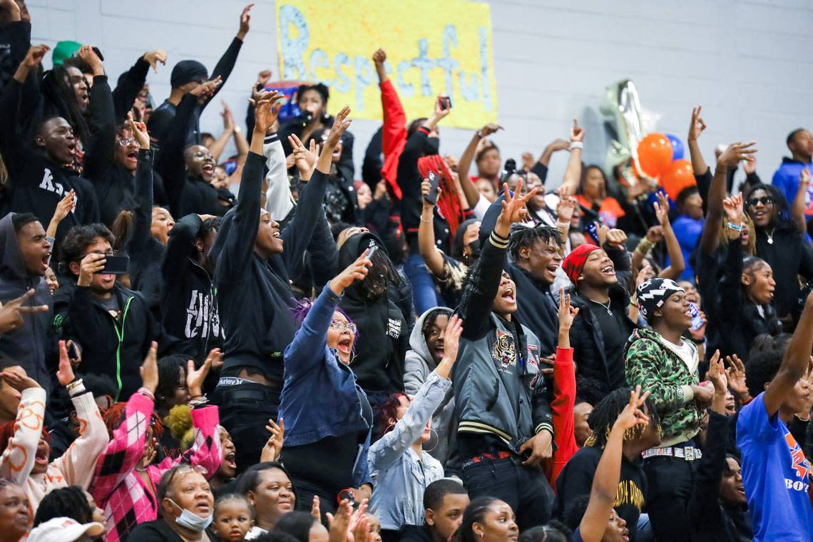 The Central High student section cheers after a basket during the second half of the Charger’s 70-20 win over Southwest, finishing the regular season on a 24-game win streak. The home game at Central featured senior day and a “Blackout” theme on Feb. 10.