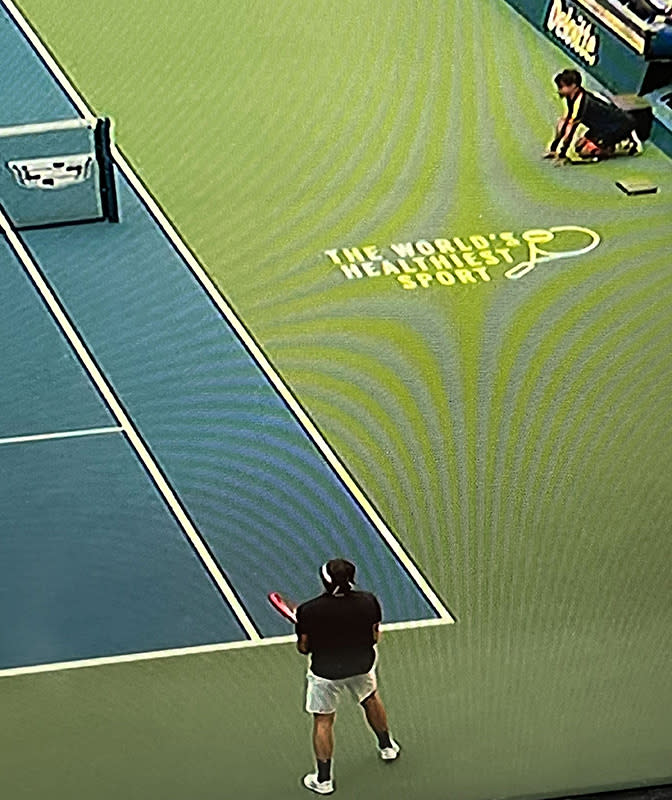 A graphic touting tennis as "The World's Healthiest Sport" appears on screen during a 2024 U.S. Open match.