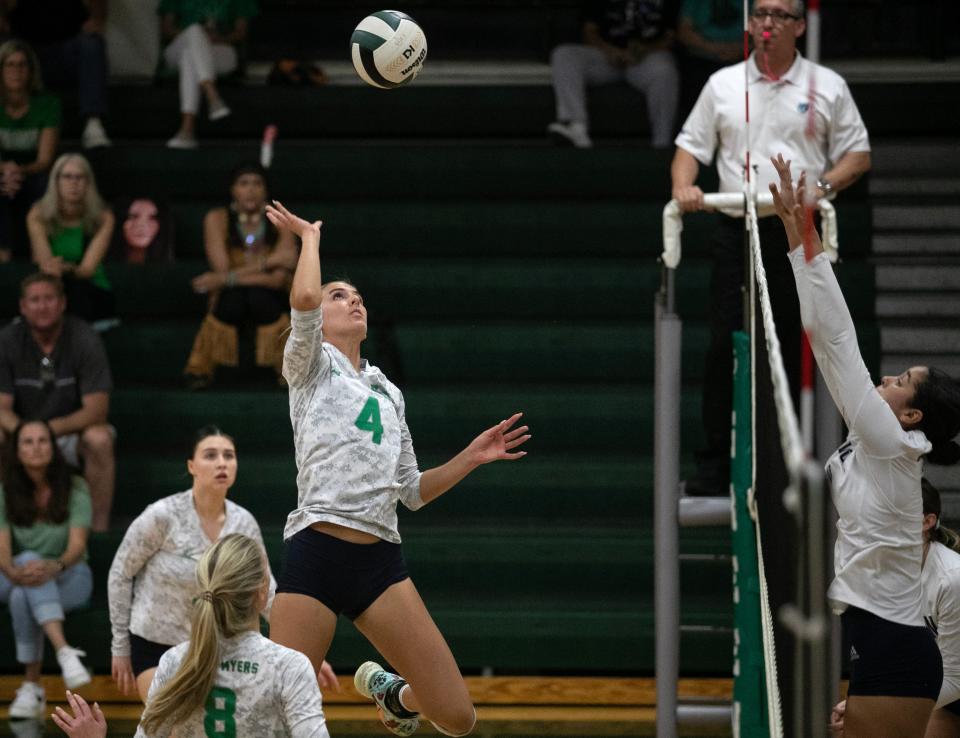Gabby Dwyer of Fort Myers goes up for a tip against Tampa Wharton in the 6A Volleyball Regional Quarterfinals on Wednesday, Oct. 25, 2023, at Fort Myers High School.