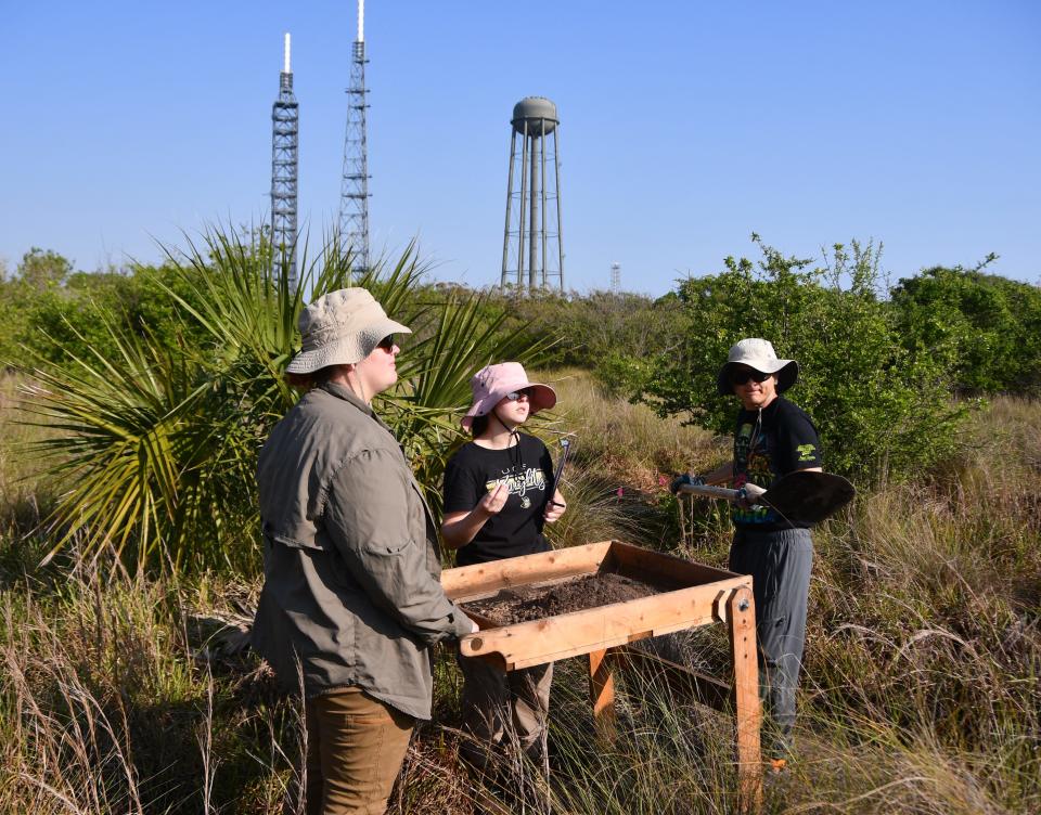 Blue Origin's massive towers at nearby Launch Complex 36 dominate the northern horizon at the Bumper blockhouse search site.