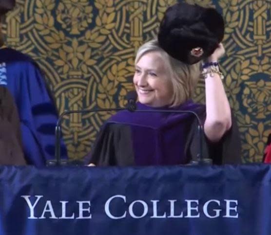 Hillary Clinton mocks Trump by donning Russian hat during Yale speech: 'If you can't beat them, join them'