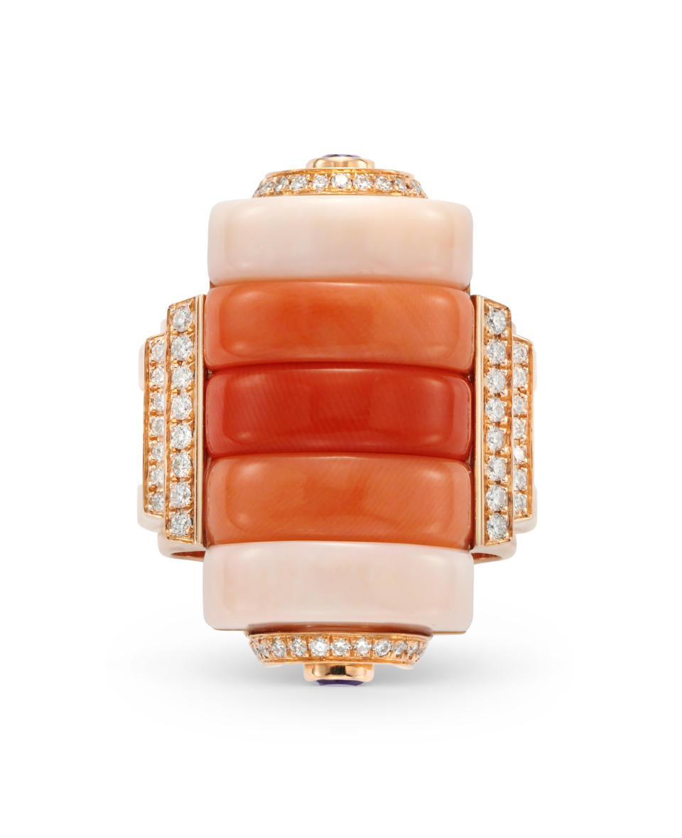 Kia Schwan “sushi ring” with coral, amethyst and diamond. - Credit: Courtesy/Kia Schwan