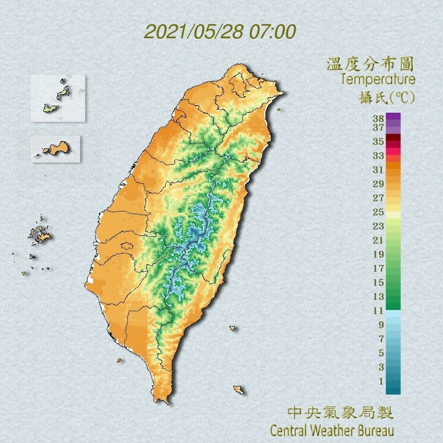 今天清晨7時，各地陸續熱起來，普遍都接近攝氏30度的高溫，整個台灣就像逐漸烤紅的番藷。   圖：中央氣象局/提供