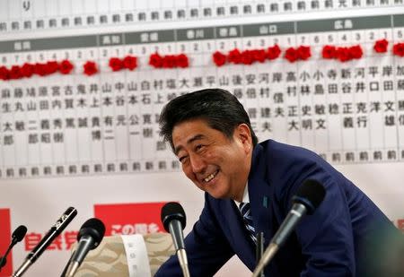 Japan's Prime Minister Shinzo Abe, leader of the Liberal Democratic Party (LDP), smiles during a news conference after Japan's lower house election, at the LDP headquarters in Tokyo, Japan October 22, 2017. REUTERS/Kim Kyung-Hoon