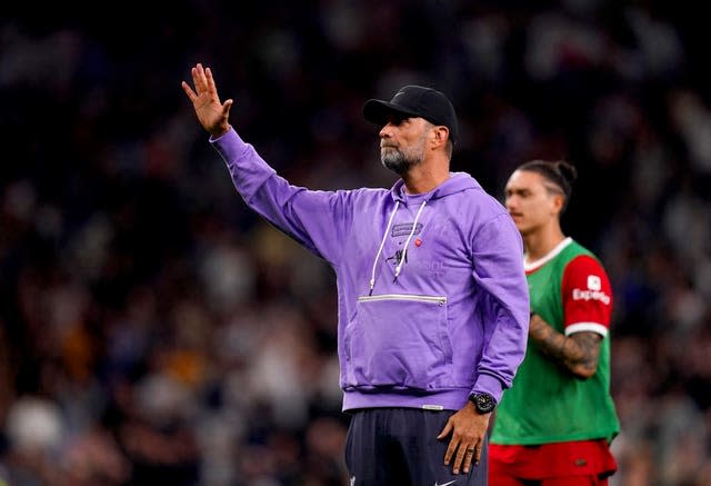 Liverpool manager Jurgen Klopp gestures to the fans at the end of the match at Tottenham 