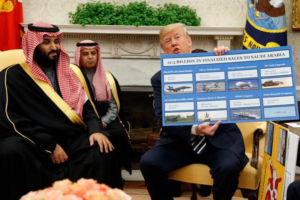 In this March 20, 2018 file photo, President Donald Trump shows a chart highlighting arms sales to Saudi Arabia during a meeting with Saudi Crown Prince Mohammed bin Salman, far left, in the Oval Office of the White House.