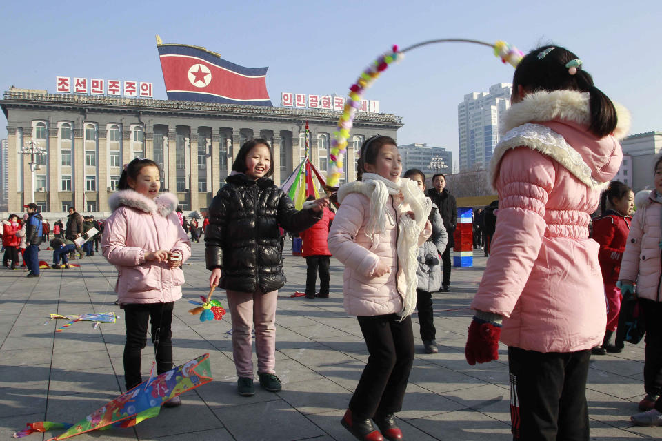 North Korean children jump rope at the Kim Il Sung Square in Pyongyang, North Korea, Saturday, Jan. 25, 2020 on the occasion of Lunar New Year. (AP Photo/Jon Chol Jin)