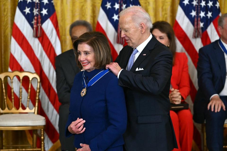 Joe Biden presents the Presidential Medal of Freedom to US Representative Nancy Pelosi in the East Room of the White House in Washington, DC, on May 3, 2024. (AFP via Getty Images)