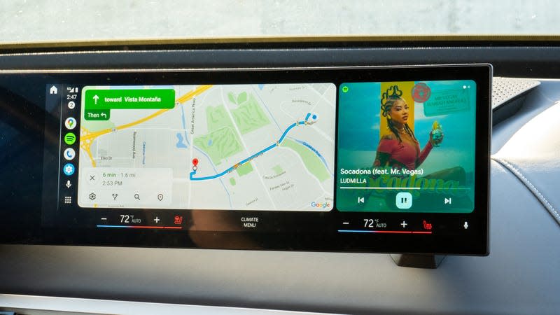 A photo of Android Auto on an elongated screen