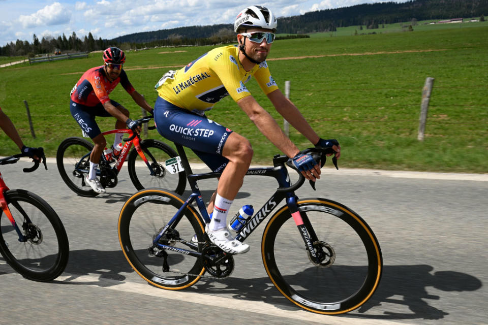 LA CHAUXDEFONDS SWITZERLAND  APRIL 27 LR Brandon Rivera of Colombia and Team INEOS Grenadiers and Ethan Vernon of United Kingdom and Team Soudal QuickStep  Yellow leader jersey compete during the 76th Tour De Romandie 2023 Stage 2 a 1627km stage from Morteau to La ChauxdeFonds  UCIWT  on April 27 2023 in La ChauxdeFonds Switzerland Photo by Dario BelingheriGetty Images