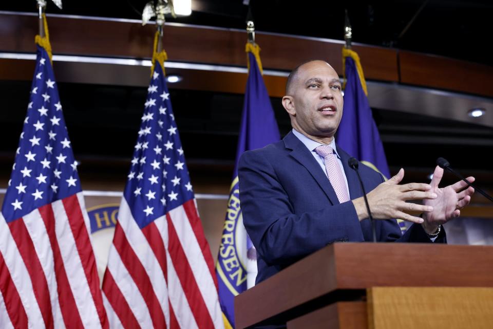 Democratic House Minority Leader Hakeem Jeffries speaks about amendments to the National Defense Authorization Act during a July 14, 2023, news conference. <a href="https://www.gettyimages.com/collaboration/boards/5WSzd8tLIECJ7OsnBsq1Mg" rel="nofollow noopener" target="_blank" data-ylk="slk:Anna Moneymaker/Getty Images News/Getty Image;elm:context_link;itc:0;sec:content-canvas" class="link ">Anna Moneymaker/Getty Images News/Getty Image</a>