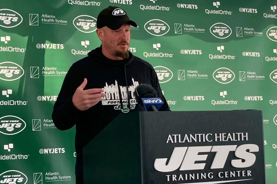 New York Jets offensive coordinator Nathaniel Hackett speaks to reporters at the team's NFL football practice facility in Florham Park, N.J., Tuesday, Aug. 1, 2023.