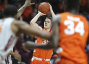 Syracuse's Buddy Boeheim (35) shoots over the Virginia Tech defense during the first half of an NCAA college basketball game in Blacksburg Va., Saturday, Jan. 18 2020. (Matt Gentry/The Roanoke Times via AP)