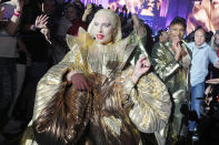 <p>Lady Gaga makes an entrance at her Chromatica Ball tour stop in Stockholm, Sweden, on July 21. </p>