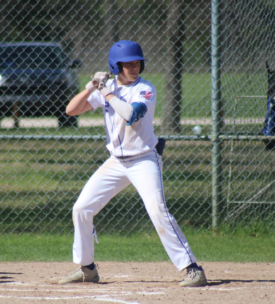 Inland Lakes sophomore Ty Kolly awaits a pitch during a doubleheader baseball game against Mancelona on Friday, May 10. Kolly has been a key player both in the field and offensively for the Bulldogs since joining the varsity as a freshman.
