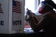 A poll worker talks to a voter before they vote on a paper ballot on Election Day in Atlanta on Tuesday, Nov. 3, 2020. (AP Photo/Brynn Anderson)