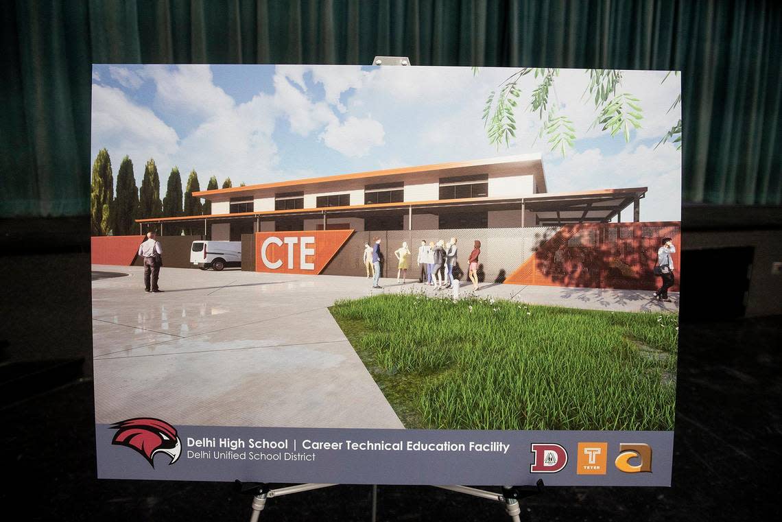 A rendering of the new Career Technical Education building during a groundbreaking ceremony on the campus of Delhi High School in Delhi, Calif., on Tuesday, Feb. 21, 2023.