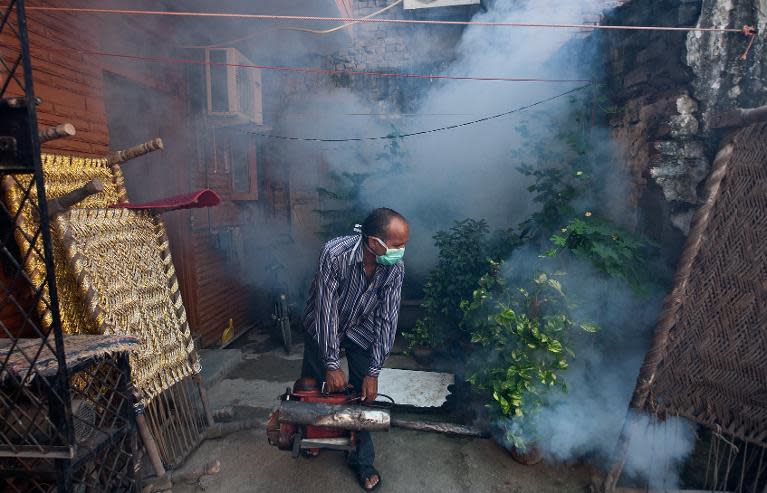 An Indian Municipal health worker fumigates against mosquitoes at a neighborhood in New Delhi, on October 3, 2013