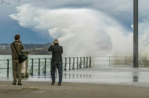 Huge waves spurred by Storm Ciara crash over a dock of Lake Constance in western Austria