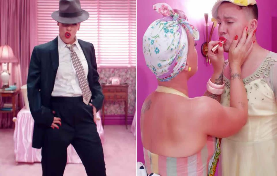 There is also a bit of cross-dressing that goes on. Source: YouTube / Vevo