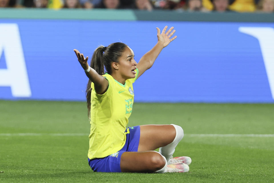 Brazil's Gabi Nunes reacts during the Women's World Cup Group F soccer match between Brazil and Panama in Adelaide, Australia, Monday, July 24, 2023. (AP Photo/James Elsby)