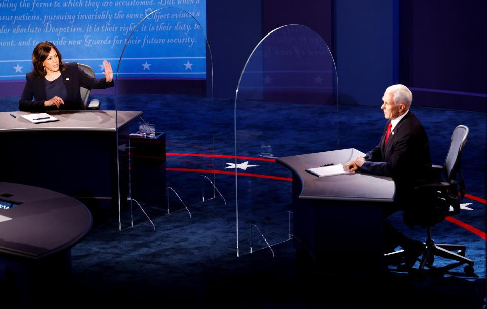 Democratic vice presidential nominee Senator Kamala Harris and U.S. Vice President Mike Pence participate in their 2020 vice presidential campaign debate held on the campus of the University of Utah in Salt Lake City, Utah, U.S., October 7, 2020. (Brian Snyder/Reuters)