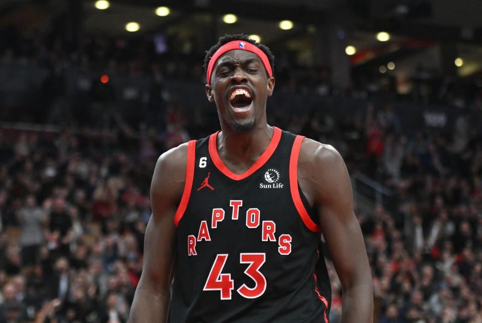 Toronto Raptors forward Pascal Siakam flexes after scoring in Scotiabank Arena. 