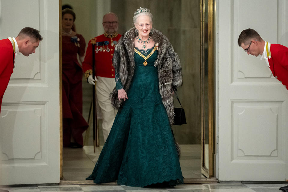 Queen Margrethe II of Denmark at a banquet celebrating Spain's royal couple in Copenhagen in 2023, Queen Letizia, King Felipe VI