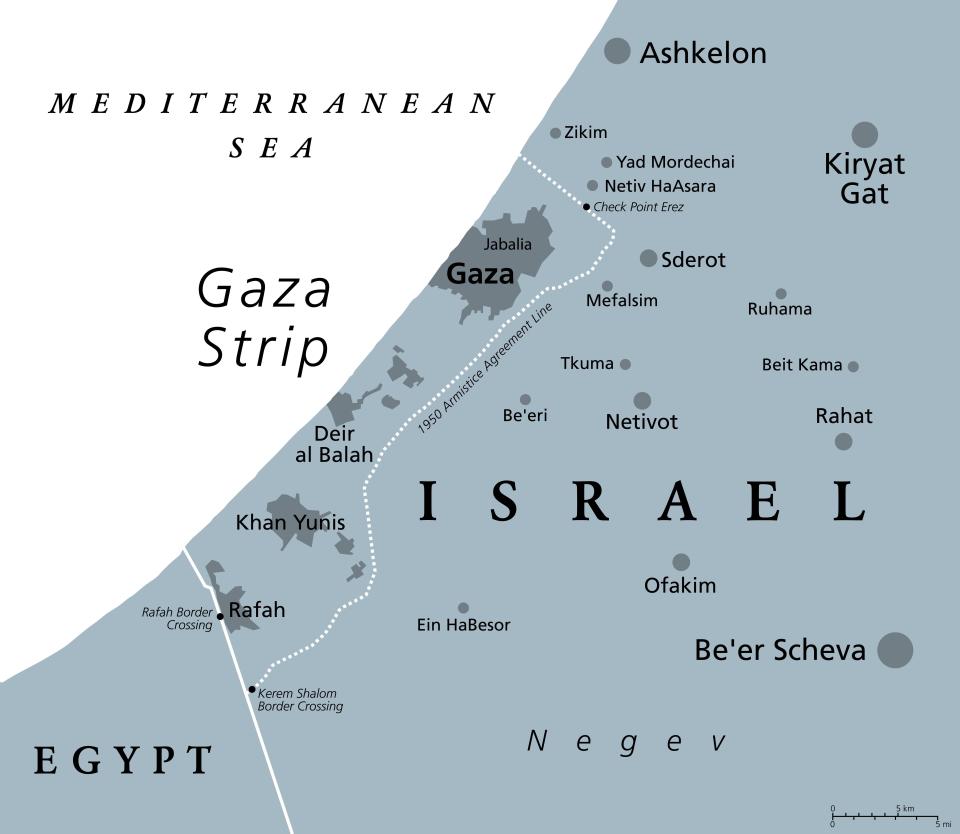 The Gaza Strip and surroundings, gray political map. Gaza, a self-governing Palestinian territory and narrow piece of land.