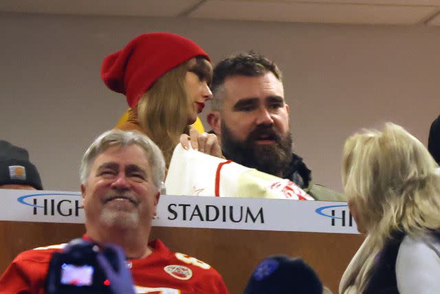 <p> Al Bello/Getty</p> Taylor Swift and Jason Kelce at the Chiefs vs. Bills game on Jan. 21, 2024