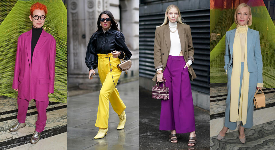 Cate Blanchett and Sandy Powell proved colour block suits are back. (Getty images)