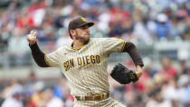 San Diego Padres starting pitcher Joe Musgrove (44) working in the first inning of a baseball game against Atlanta Braves Sunday, May 15, 2022, in Atlanta. (AP Photo/Hakim Wright Sr)