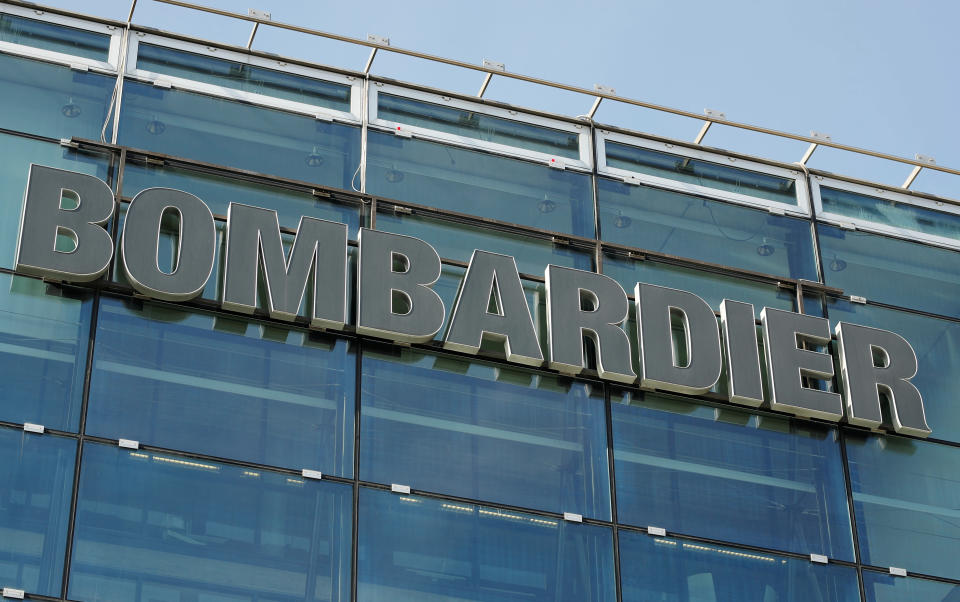 Logo of Bombardier is seen at an office building in Zurich, Switzerland February 28, 2019. REUTERS/Arnd Wiegmann